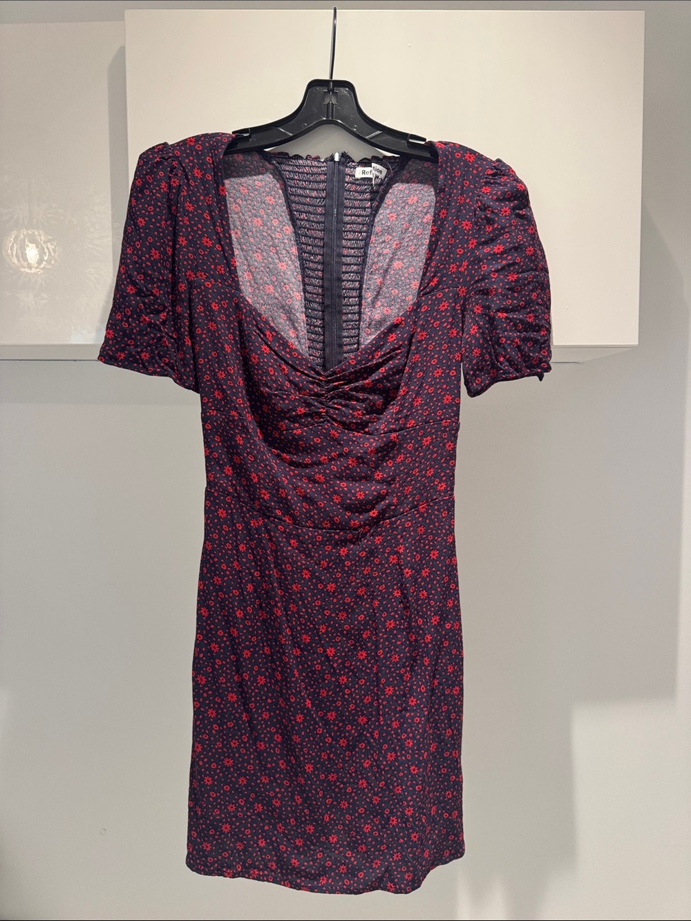Reformation Black Mini Dress with Red Floral Print